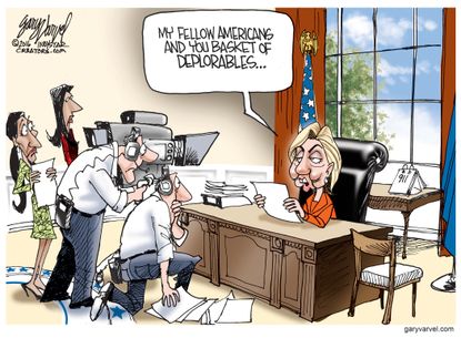Political cartoon U.S. 2016 election Hillary Clinton addressing Americans and deplorables