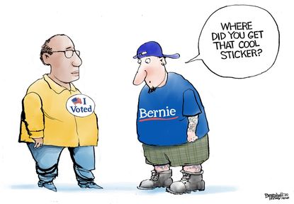 Political Cartoon U.S. voting sticker Millennials no show Bernie campaign