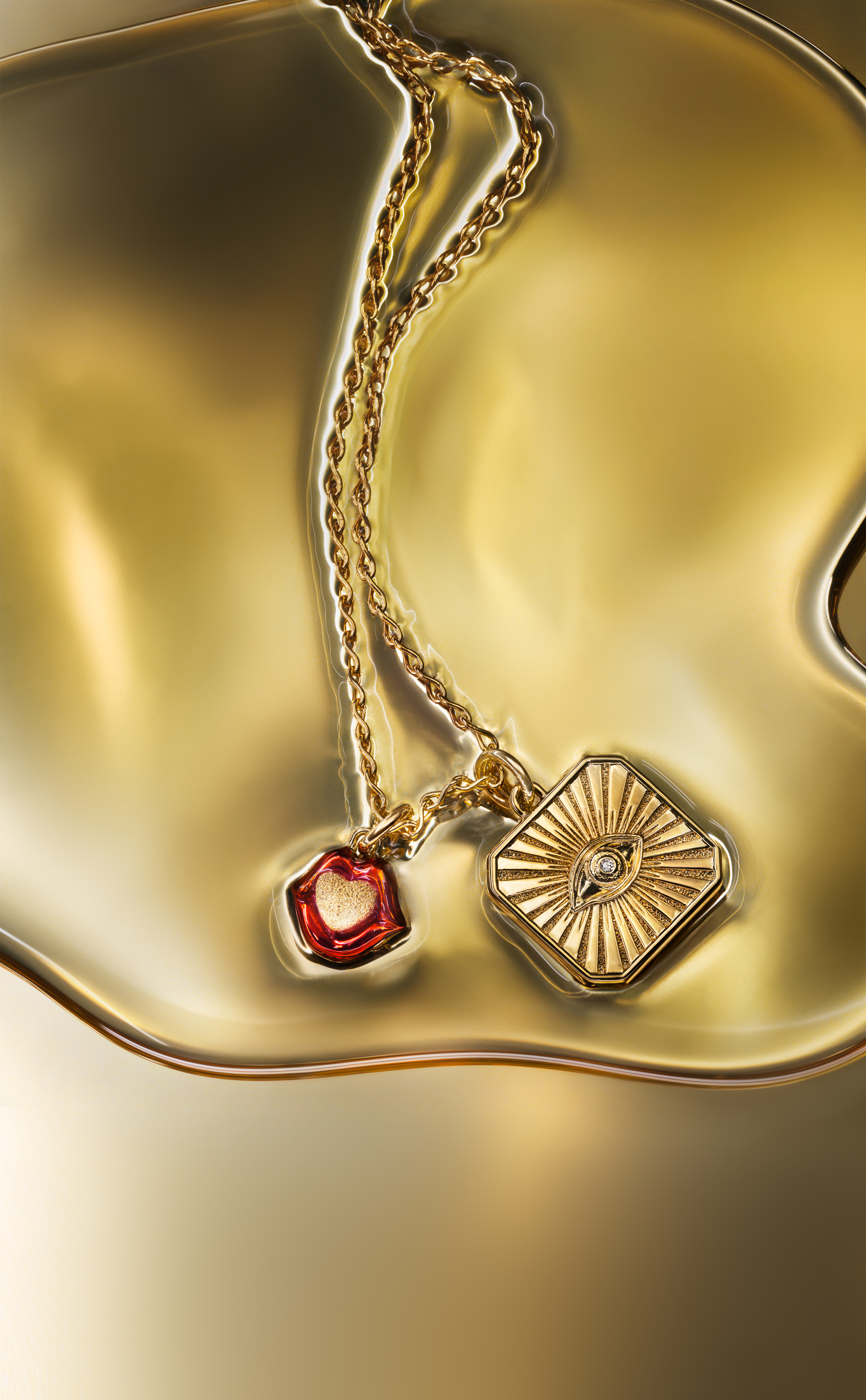 gold jewellery on red and gold backgrounds