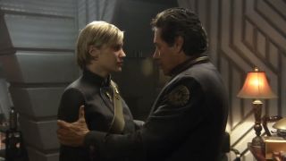Adama about to hug Kara in Battlestar Galactica