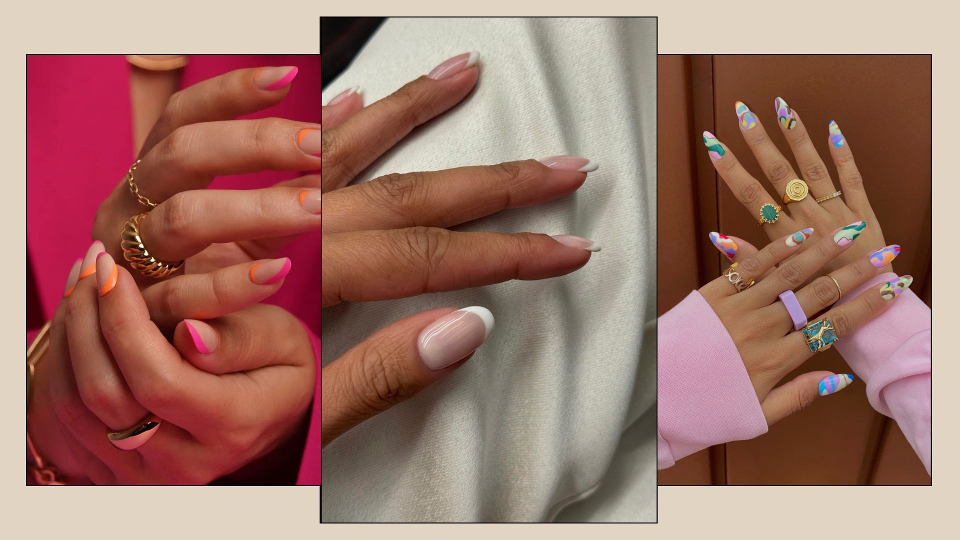 A collage of long nail designs with nail art