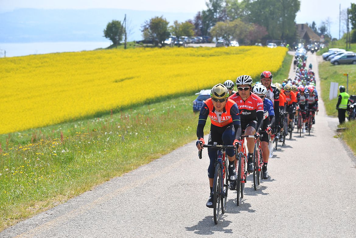 A lined out peloton on stage 3 of the Tour de Romandie