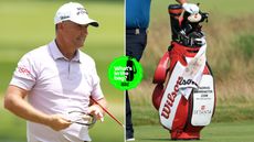 Padraig Harrington reacts to a putt, with a close up of his bag