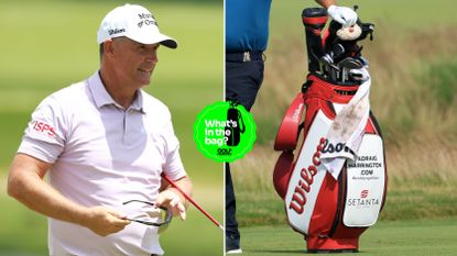 Padraig Harrington reacts to a putt, with a close up of his bag