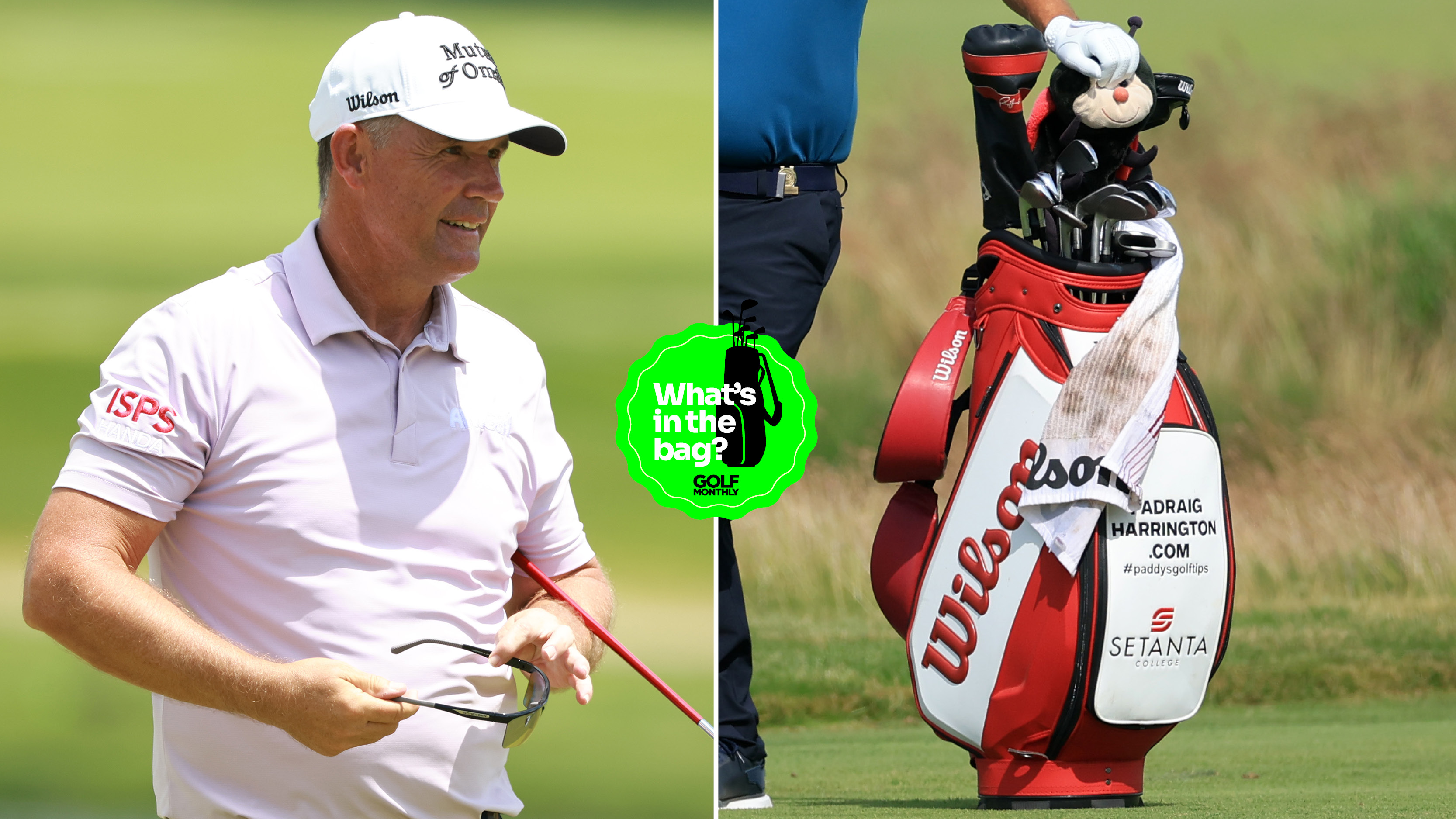 Padraig Harrington reacts to a putt, with a close up of his bag