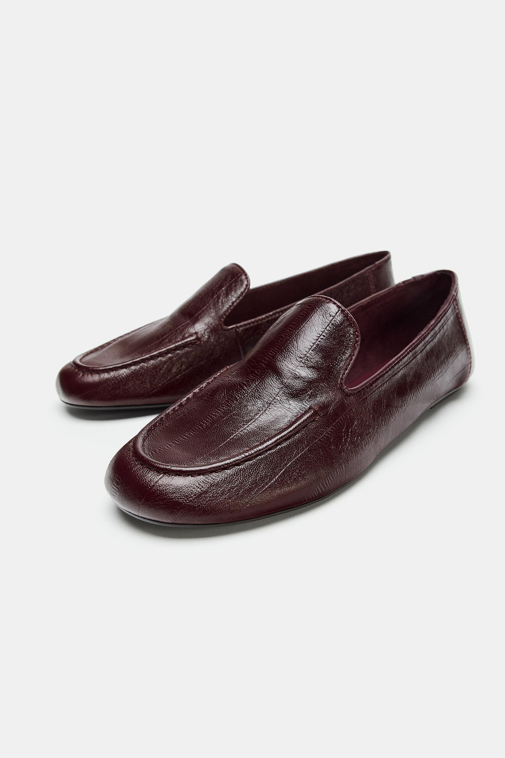 Soft Leather Flat Loafers - Burgundy Red - 5