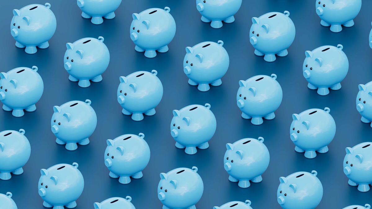 blue piggy banks in a row