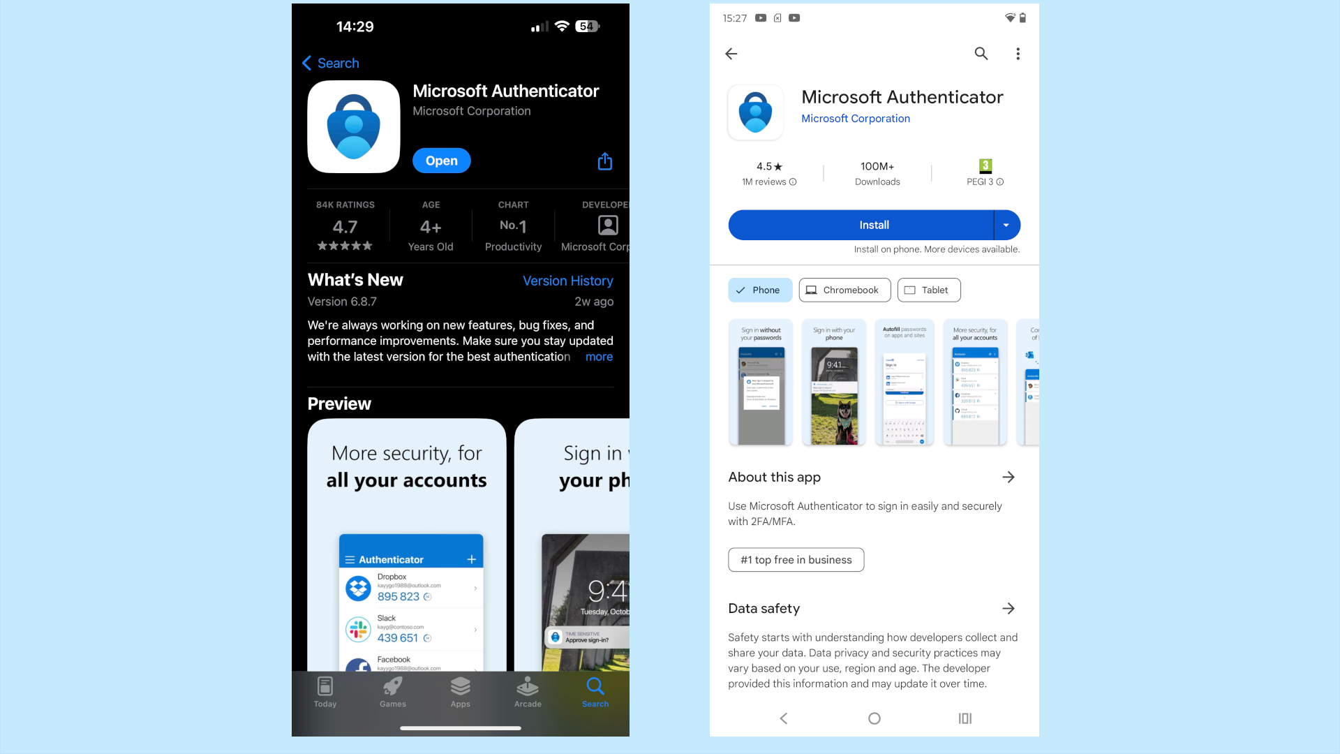 Microsoft authenticator in app store and playstore