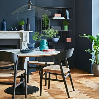 navy blue dining area with modern wooden table and chairs, shelving and houseplants