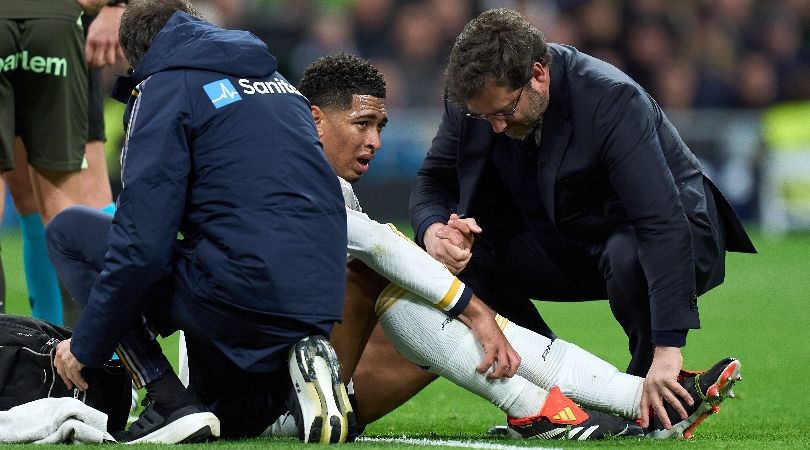 Jude Bellingham receives medical treatment after suffering an injury in Real Madrid&#039;s LaLiga game against Girona in February 2024.