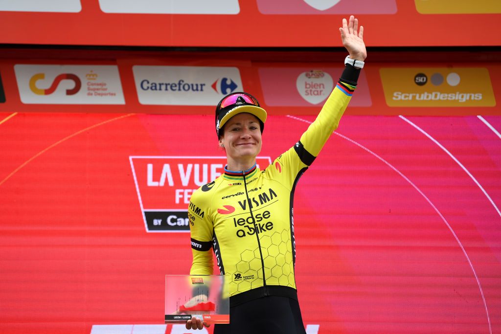 TERUEL SPAIN APRIL 30 Marianne Vos of The Netherlands and Team Visma Lease a Bike celebrates at podium as stage winner during the 10th La Vuelta Femenina 2024 Stage 3 a 1303km stage from Lucena del Cid to Teruel UCIWWT on April 30 2024 in Teruel Spain Photo by Alex BroadwayGetty Images