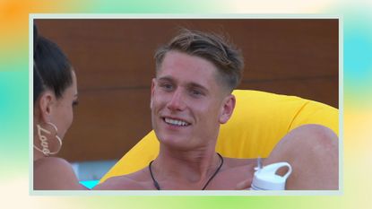 Love Island's Will Young, sitting on a yellow bean bag during episode one of Love Island / in a yellow, blue and green template