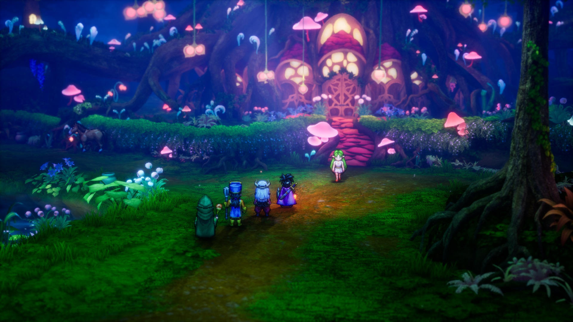 In-game screenshot of the player exploring a secret village of faeries in Dragon Quest III HD-2D Remake