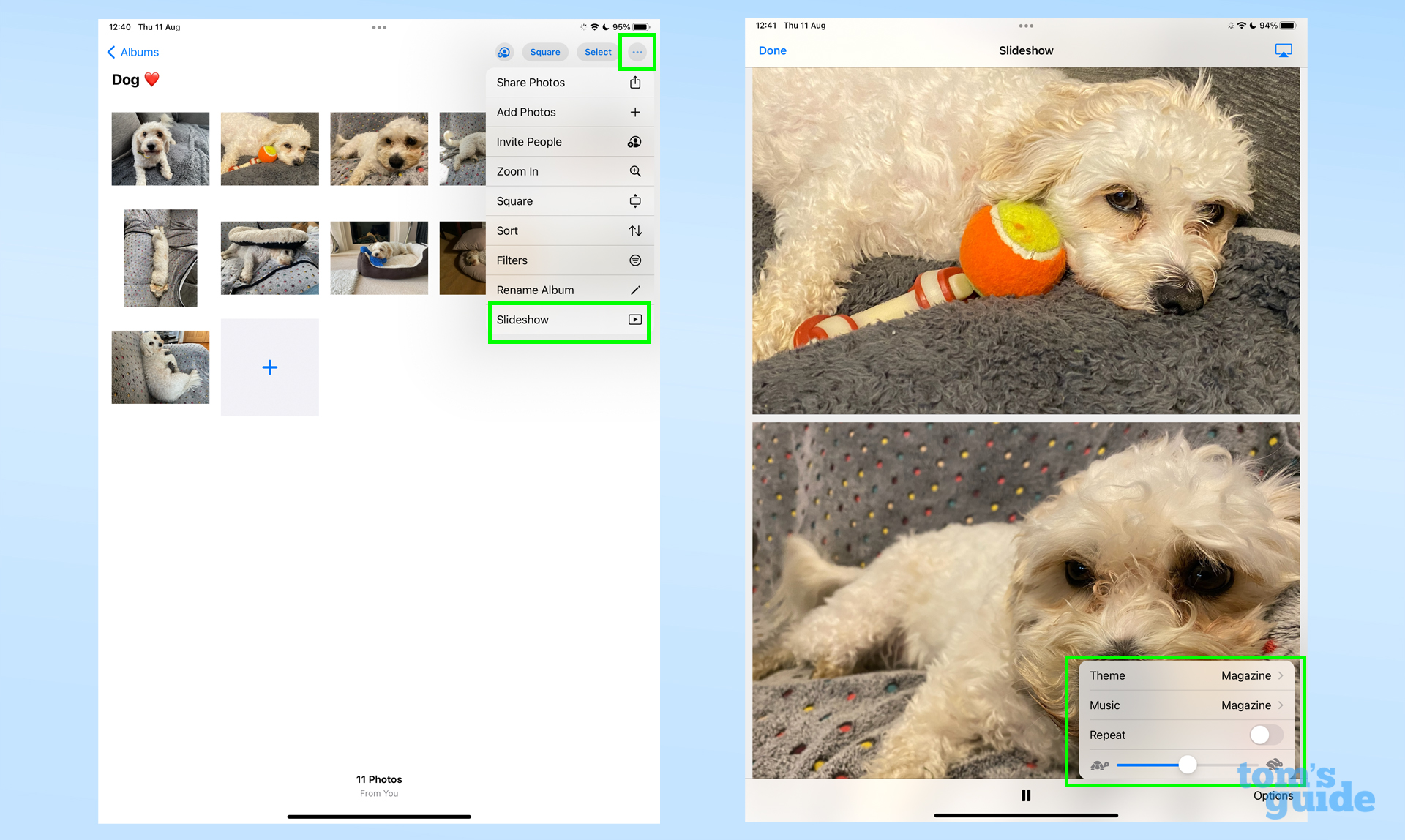 Два снимка экрана iPad, показывающие, как включить и настроить слайд-шоу фотографий в приложении «Фотографии».