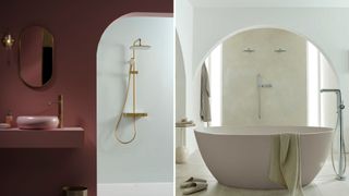 Compilation image of two bathrooms showing archways to separate a shower enclosure to demonstrate a key bathroom trend 2023