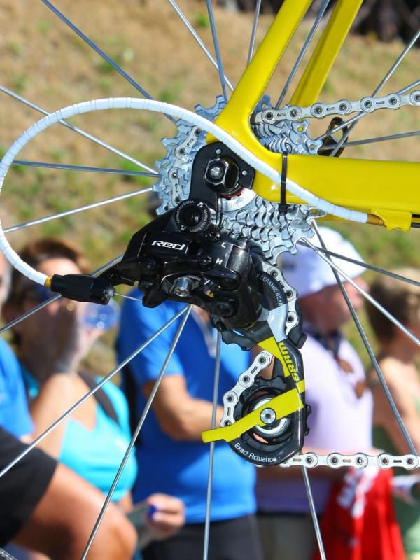 SRAM's Red LTE group features lots of black anodizing accented with yellow highlights. Only top riders in the Tour de France can get it at the moment but consumers will be able to buy their own later this fall.