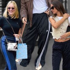 an inspirational style collage with three fashion industry women including Chloe Sevigny wearing Adidas track pants and ballet flats