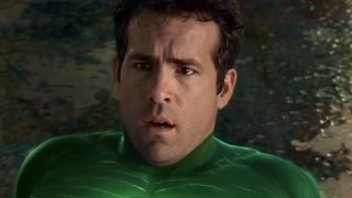 Ryan Reynolds looking confused while wearing the Green Lantern suit.