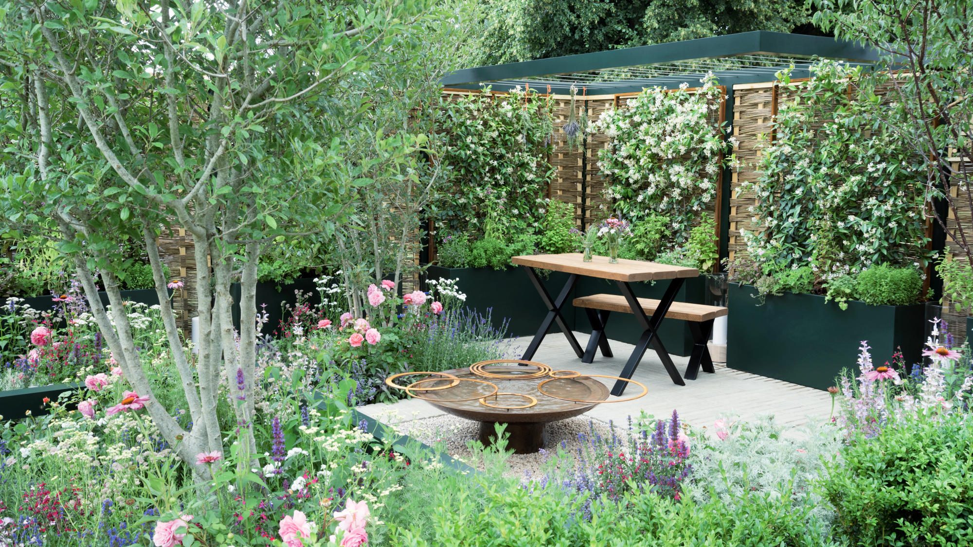 A vibrant small garden with perennials growing in planters and large containers