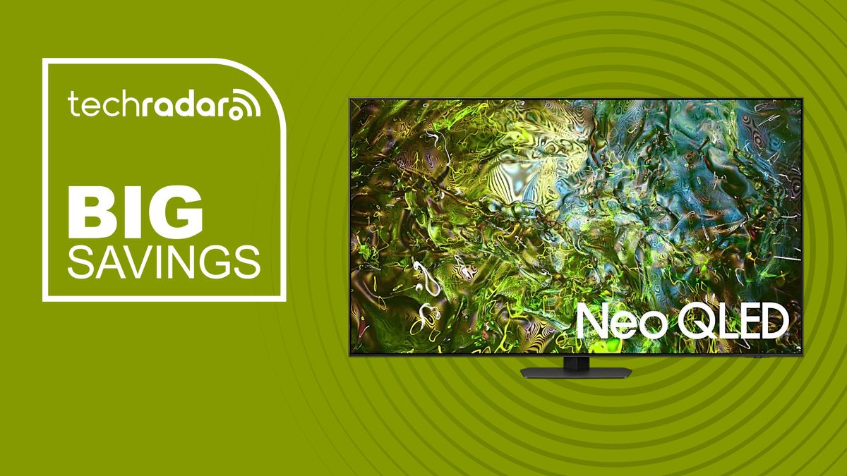 Samsung Neo QLED 4K QN90D on green background with big savings sign