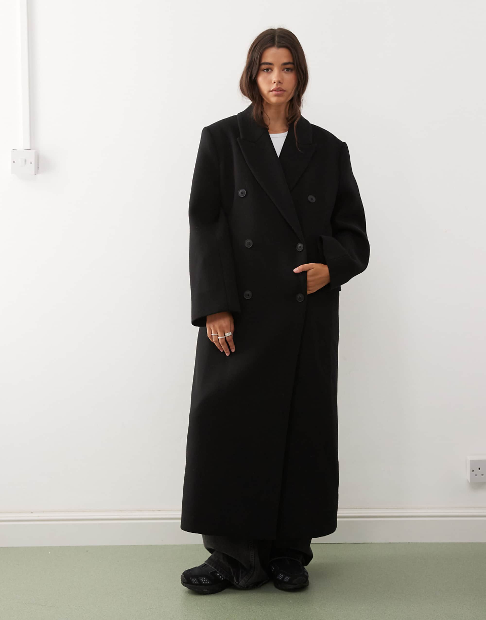 Weekday Logan Wool Blend Oversized Double Breasted Coat in Black
