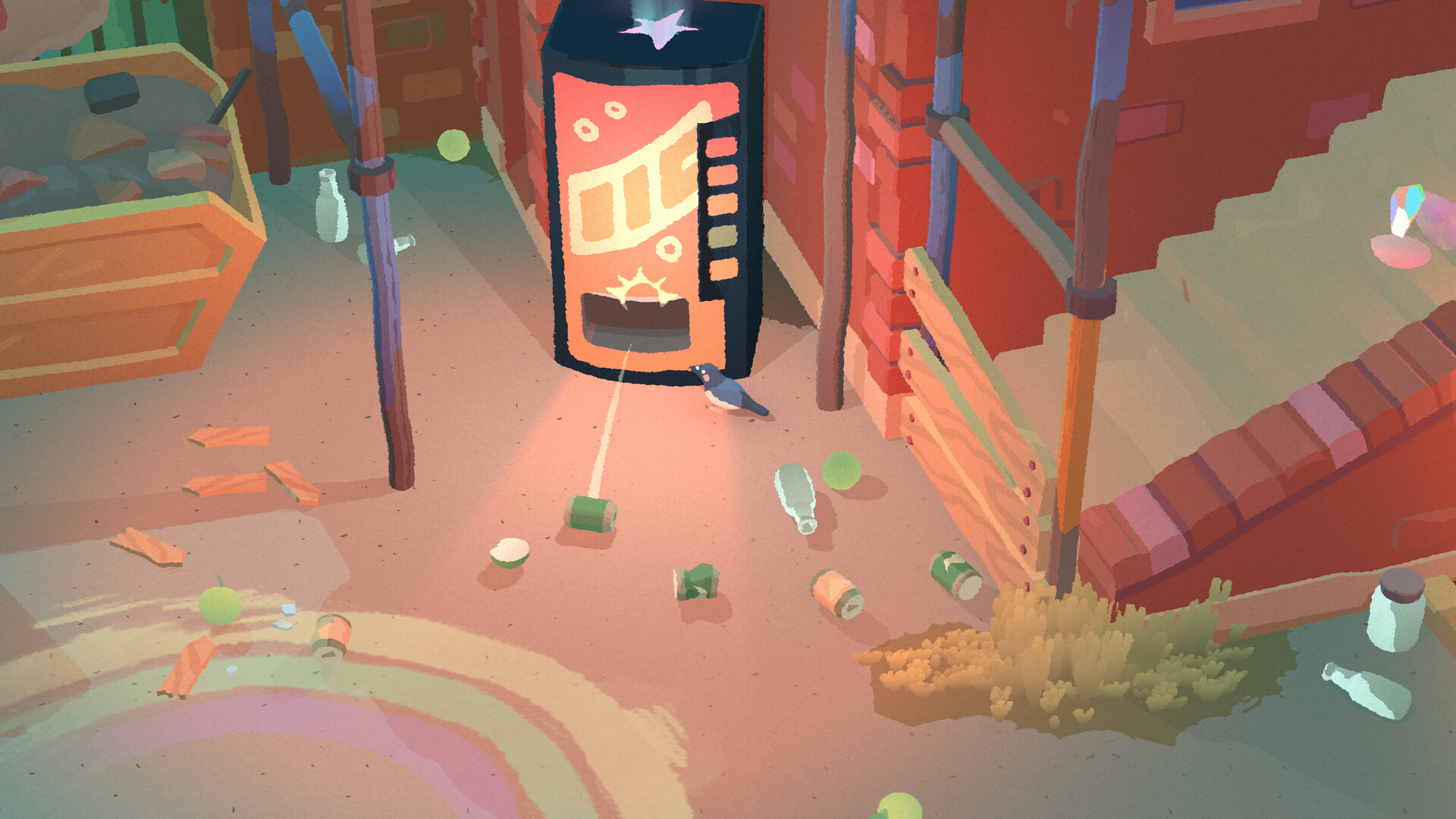 A magpie bird causing lots of drinks to fire out of vending machine in open world comedy game, Bad Magpie