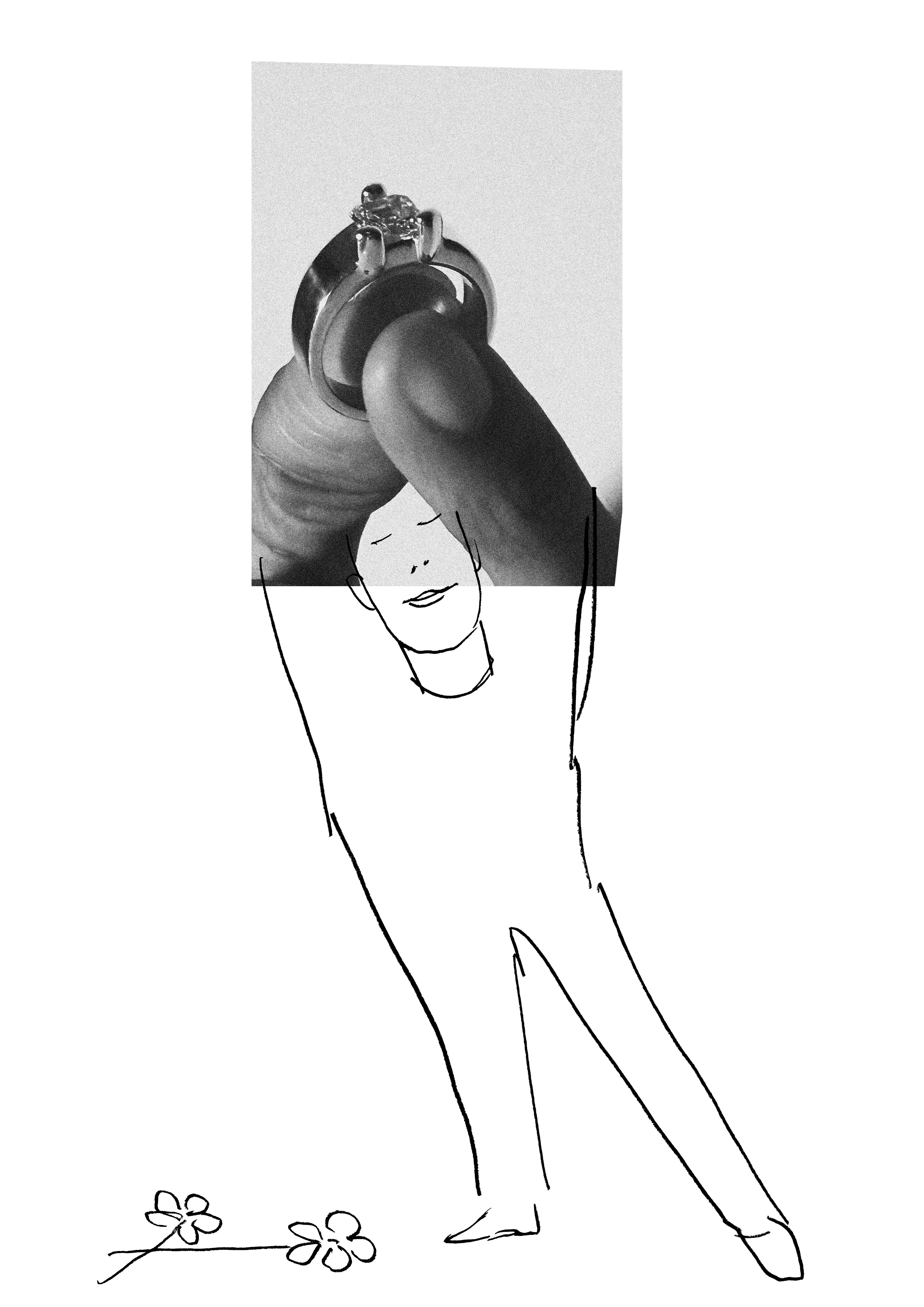 diamond rings in black and white, against the backdrop of pencil drawings of people