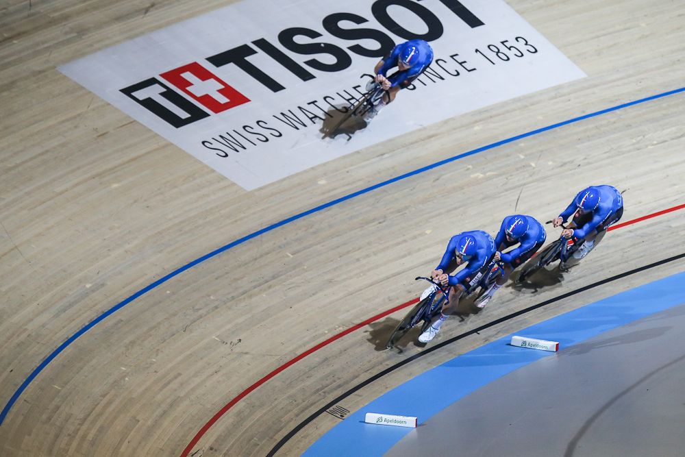 Simone Consonni,Liam Bertazzo,Filippo Ganna,Francesco Lamon (ITA) of Men`s team Pursuit squad take part in the qualifying round of the UCI Track Cycling World Championships