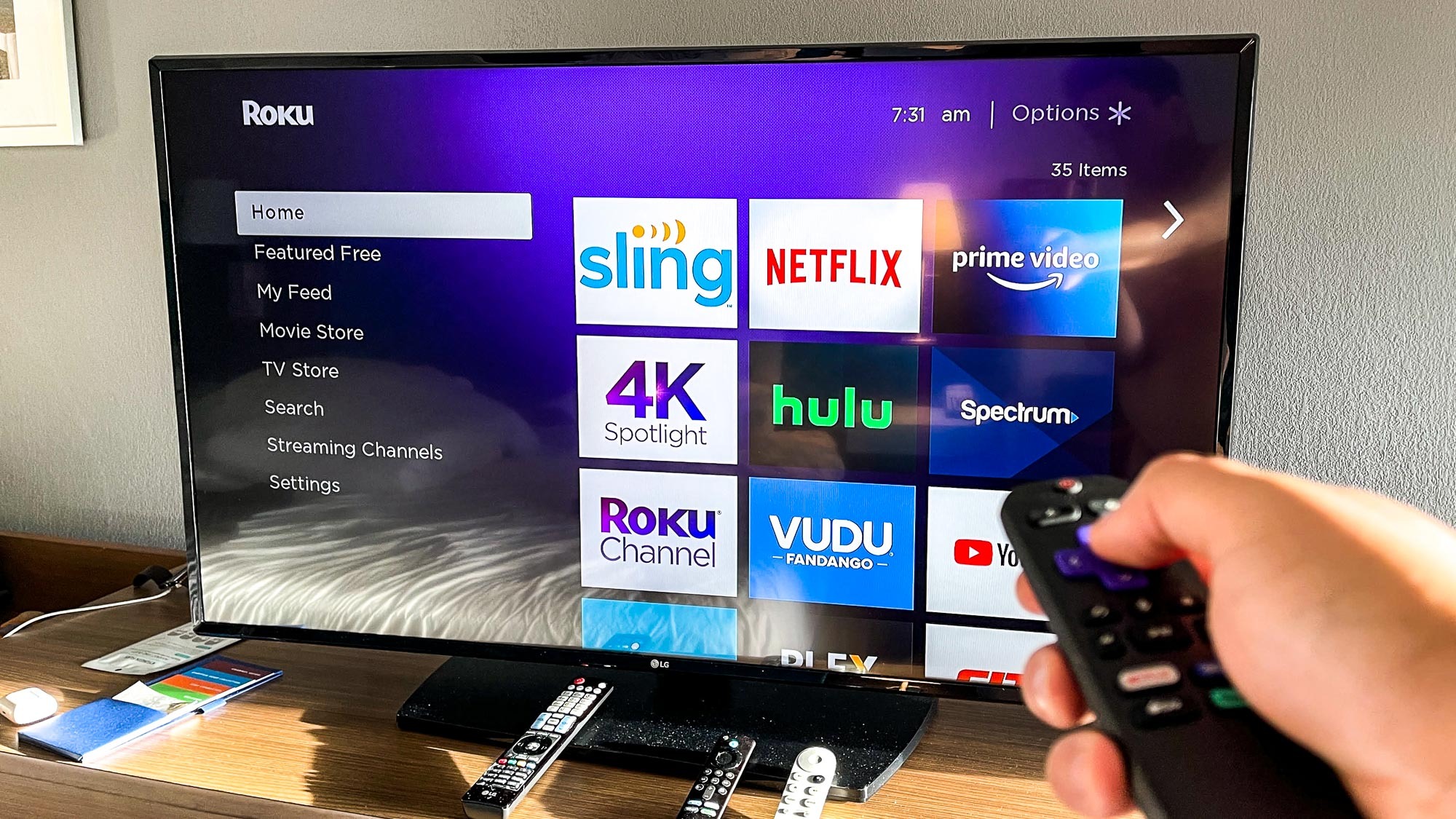 The Roku home screen on a hotel TV