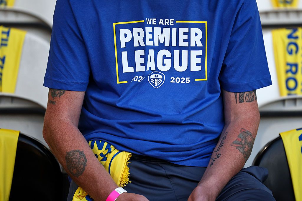 A fan of Leeds United wearing a We Are Premier League t-shirt ahead of the Sky Bet Championship match between Leeds United FC and Bristol City FC at Elland Road on April 28, 2025 in Leeds, England.