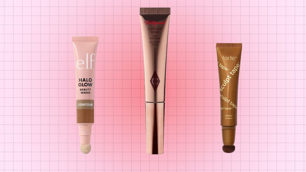 3 bronzer and contour wands from e.l.f/Chartlotte Tilbury and Tarte in a pink template, with a darker pink gradient 