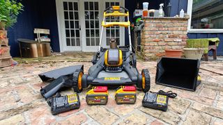 DeWALT DCMWSP244U2 60V MAX* Cordless Brushless RWD Self-Propelled Mower being tested in writer's yard