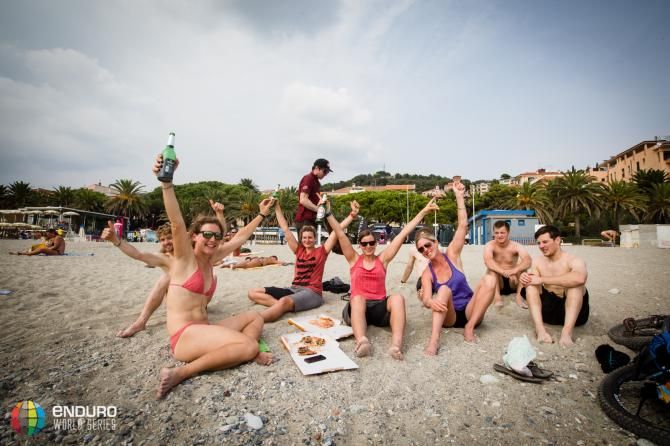 Rider relax on the beach after racing