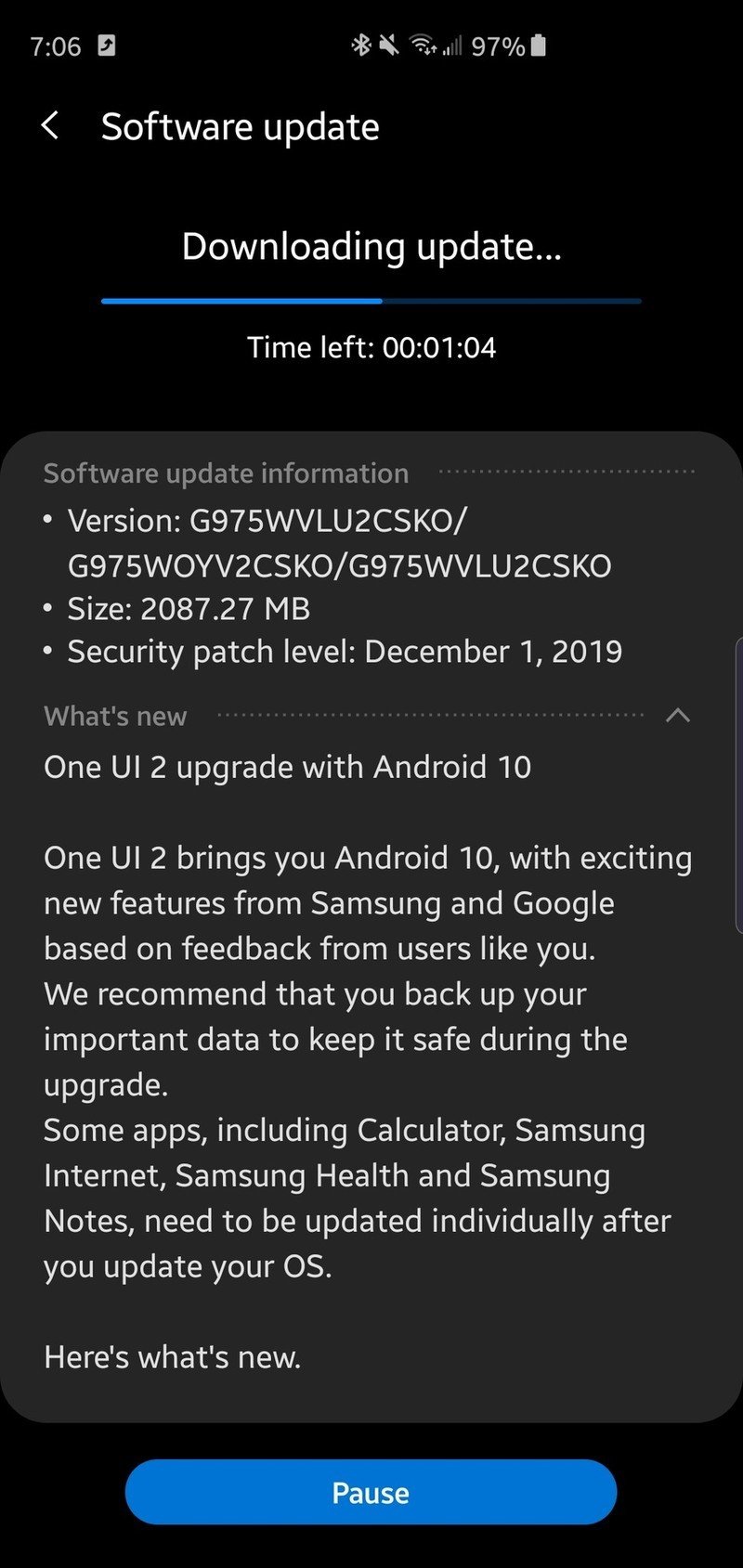 Galaxy S10 update screen