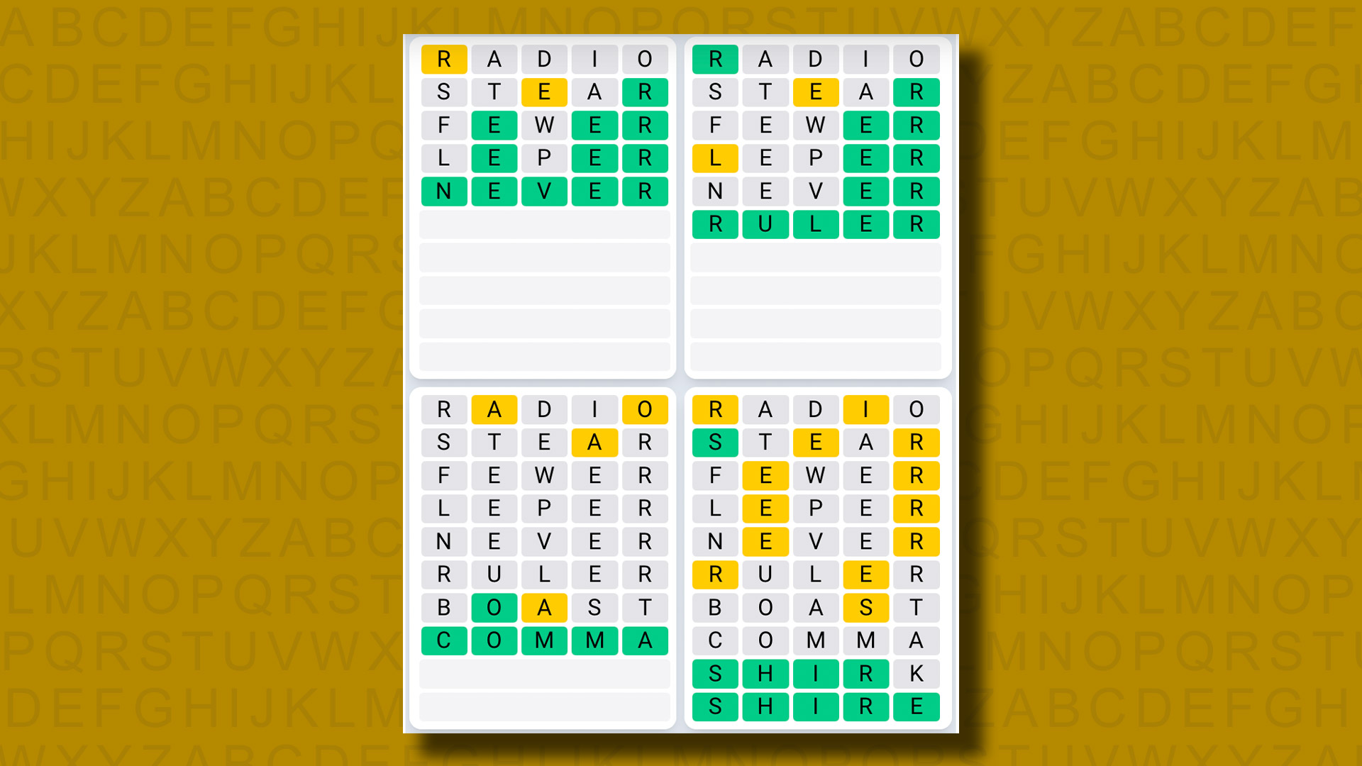 Quordle Daily Sequence answers for game 1193 on a yellow background