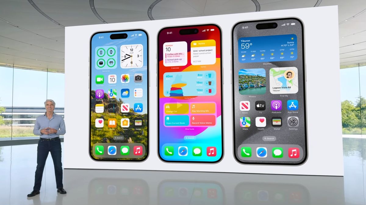 Apple&#039;s Craig Federighi presenting customization options in iOS 18 at the Worldwide Developers Conference (WWDC) 2024.