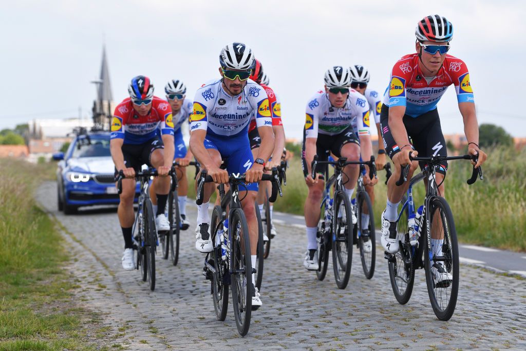 Julian Alaphilippe leads the Deceuninck-QuickStep ride