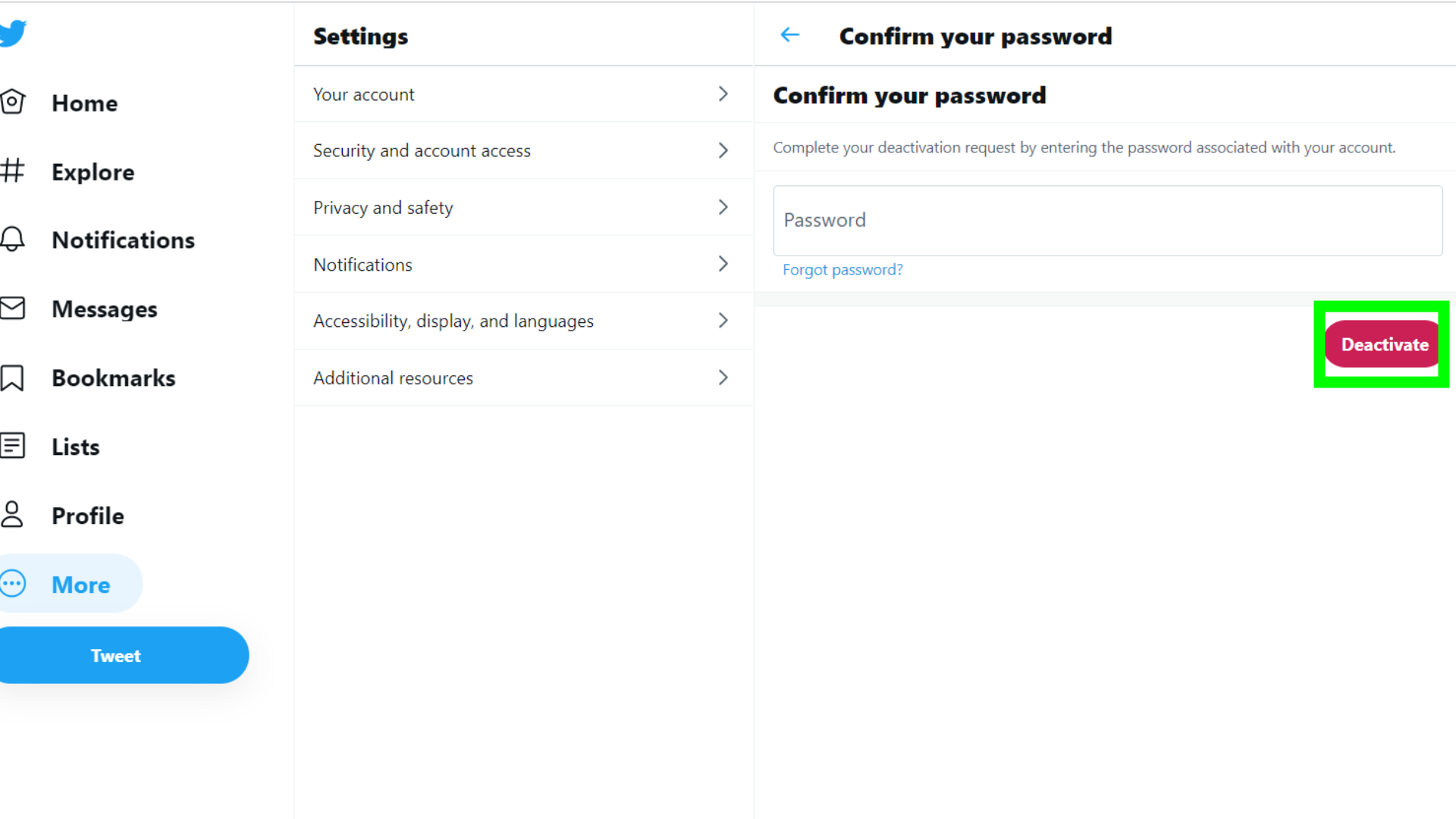 Как удалить учетную запись Twitter — поле ввода пароля и кнопка деактивации