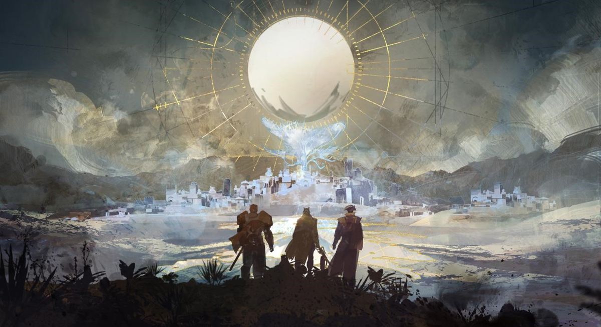 Three characters stand in the shadow of the Traveler.