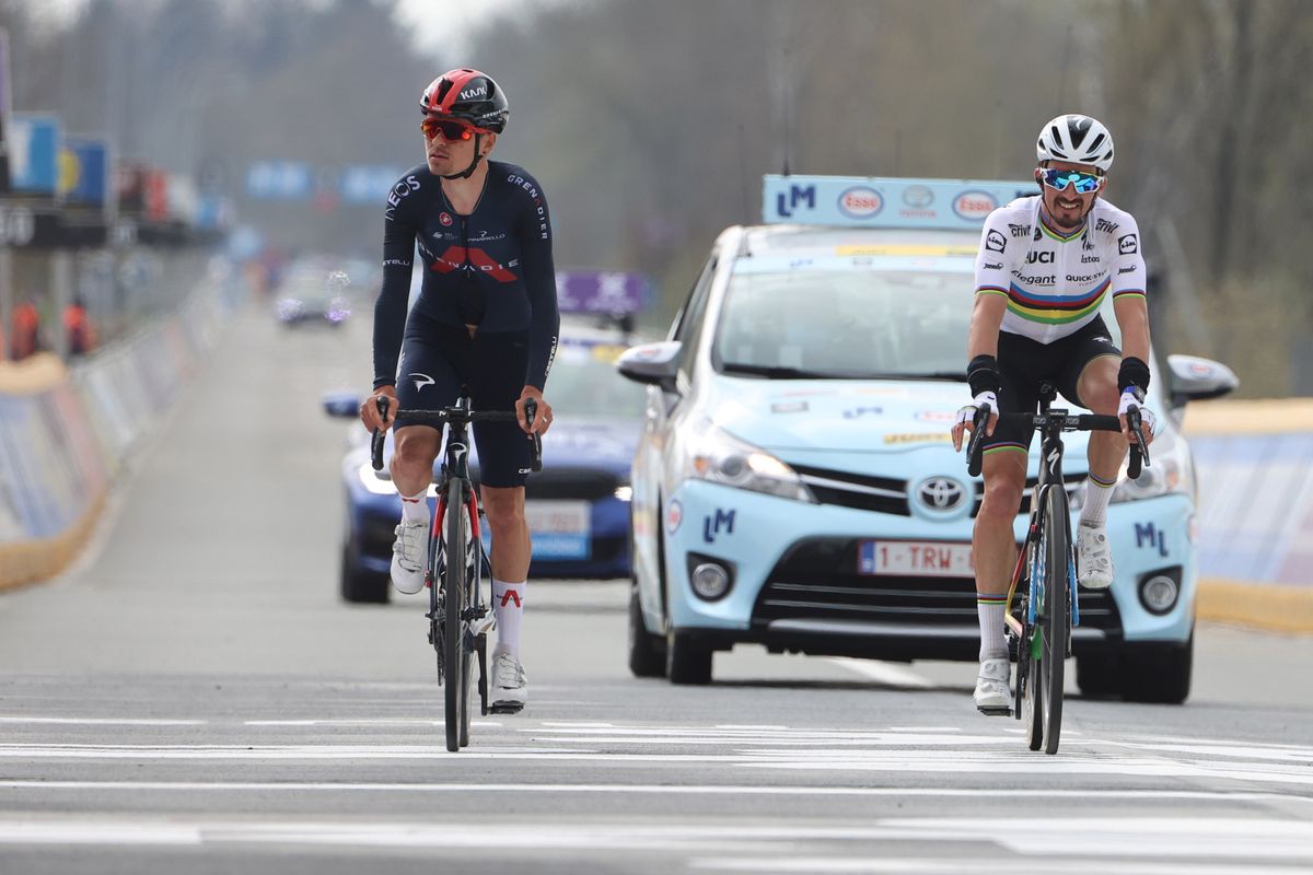 Giro delle Fiandre 2021 Tour des Flandres Ronde van Vlaanderen 105th Edition Antwerp Oudenaarde 2637 km 04042021 Tom Pidcock GBR Ineos Grenadiers Julian Alaphilippe FRA Deceuninck QuickStep photo Jan De MeuleneirBettiniPhoto2021