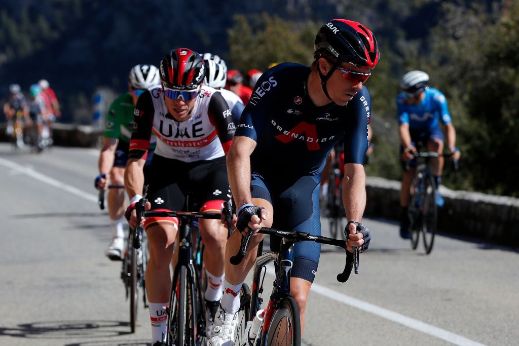 VALDEBLORE LA COLMIANE FRANCE MARCH 13 David De La Cruz Melgarejo of Spain and UAE Team Emirates Rohan Dennis of Australia and Team INEOS Grenadiers during the 79th Paris Nice 2021 Stage 7 a 119km stage from Le Broc to Valdeblore La Colmiane 1501m Stage itinerary redesigned due to COVID19 lockdown imposed in the city of Nice Breakaway ParisNice on March 13 2021 in Valdeblore La Colmiane France Photo by Bas CzerwinskiGetty Images