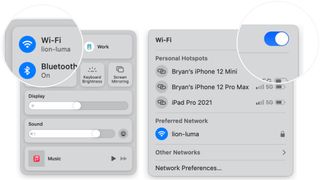 To turn off Bluetooth or Wi-Fi, click the Control Center icon on the menu bar at the top right. Choose Bluetooth, then toggle off Bluetooth or choose Wi-Fi, then toggle off Wi-Fi.