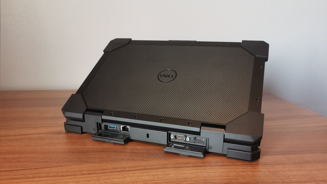 A photograph of the rear of the Dell Latitude 7330 Rugged Extreme on a table