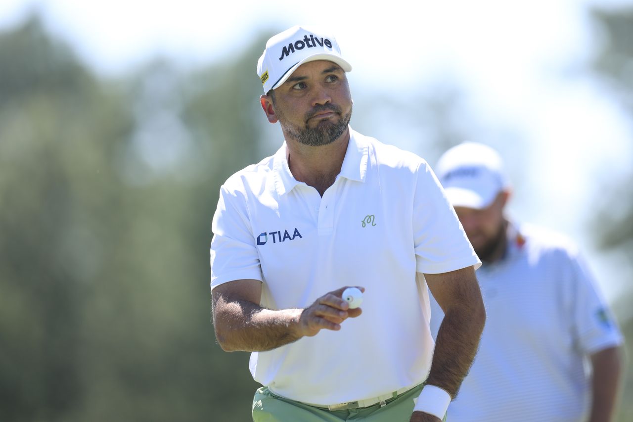 Jason Day reacts on the eighth green during the first round of the 2026 Masters Tournament at Augusta National Golf Club