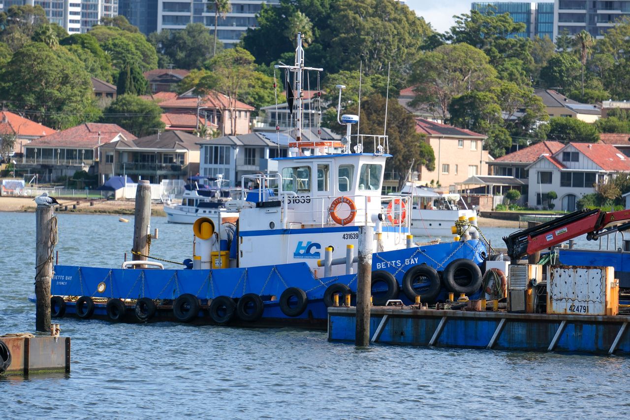 A blue and white boat moored at a jetty