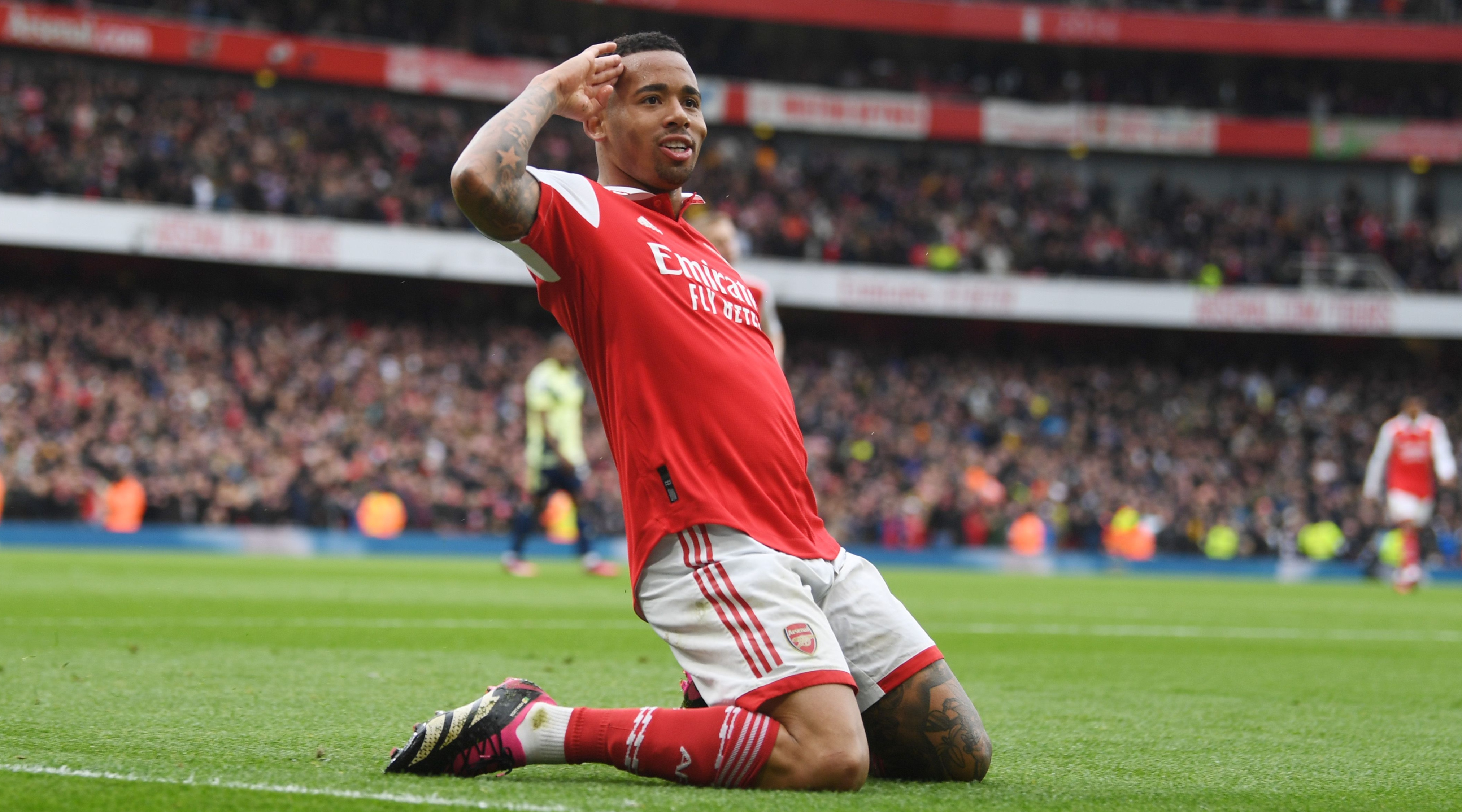 Gabriel Jesus of Arsenal celebrates after scoring his team's third goal during the Premier League match between Arsenal and Leeds United at the Emirates Stadium on April 1, 2023 in London, United Kingdom.