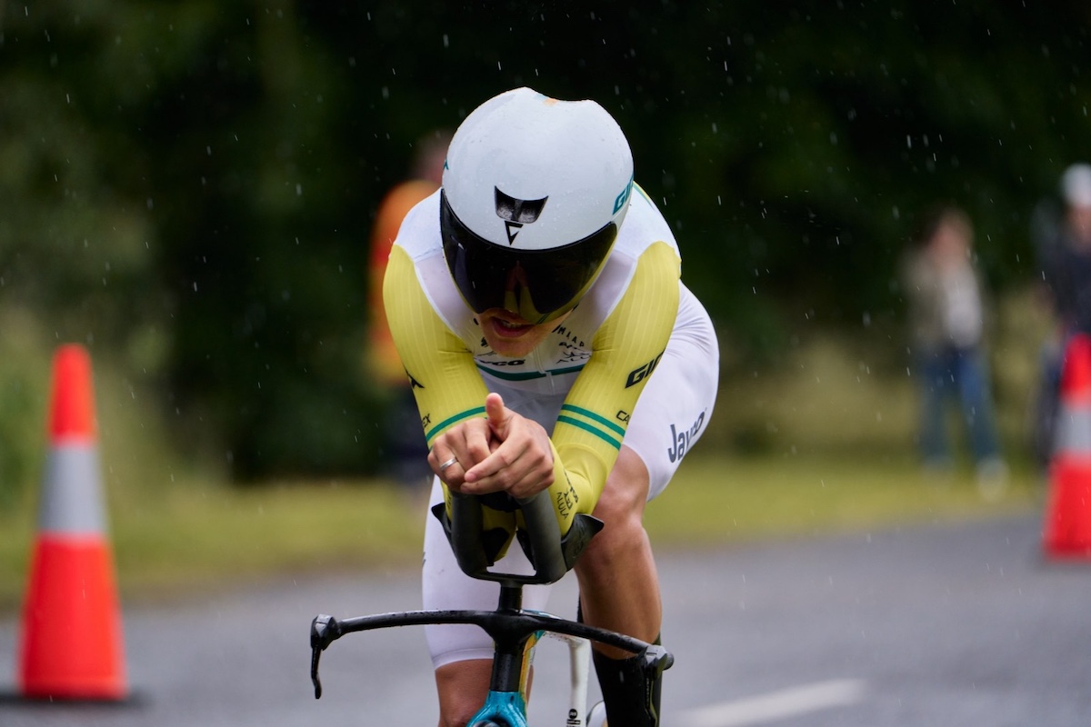 Luke Plapp (Jayco-AlUla) slicing through the rain to clinch the time trial at Tour of Bright 2025