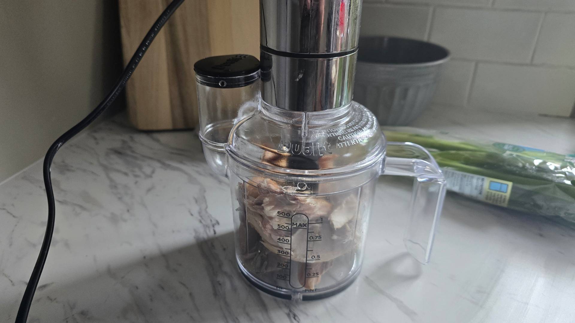 Before shot of mackerel being chopped by Dualit blender