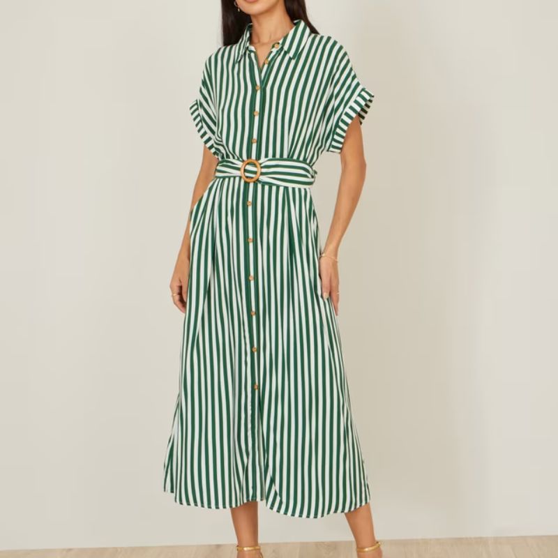 Yumi, Stripe Belted Shirt Midi Dress