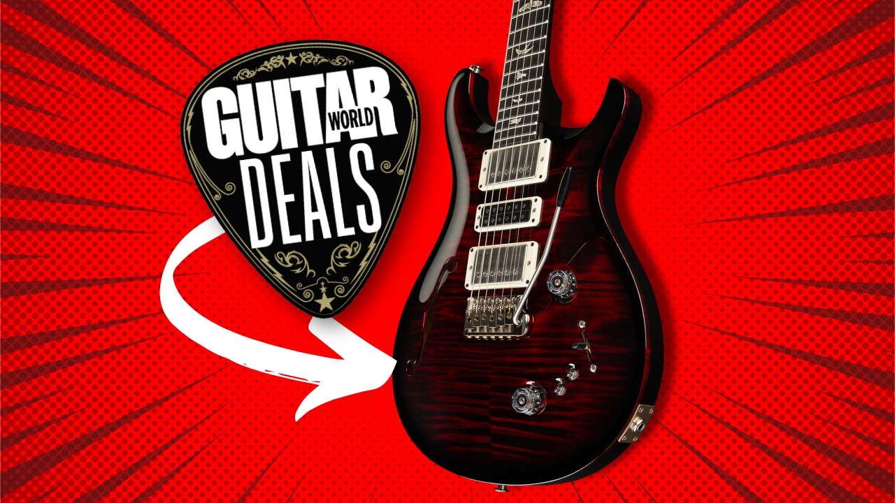 A PRS Semi-Hollow special electric guitar on a red background